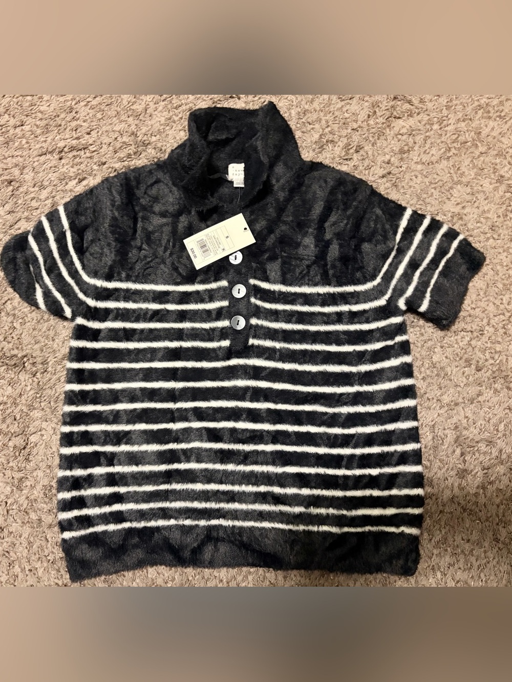 a new day Black Fuzzy half Button-Up Cardigan with White Stripes